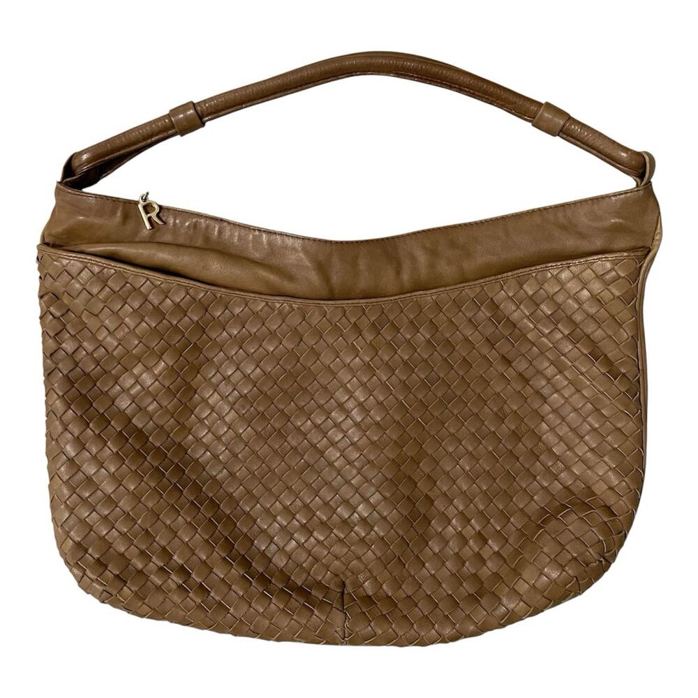 Brown Woven Hobo Shoulder Bag Zip Closure Classic Semi-Circle Purse Boho Leather